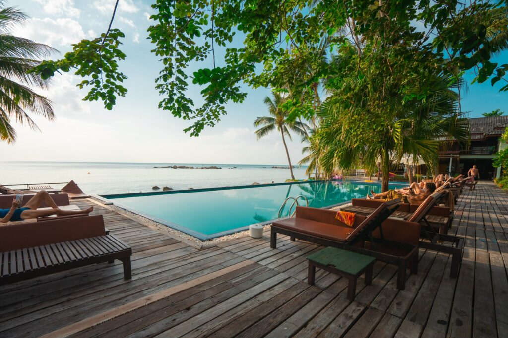 Remote workers at a poolside resort