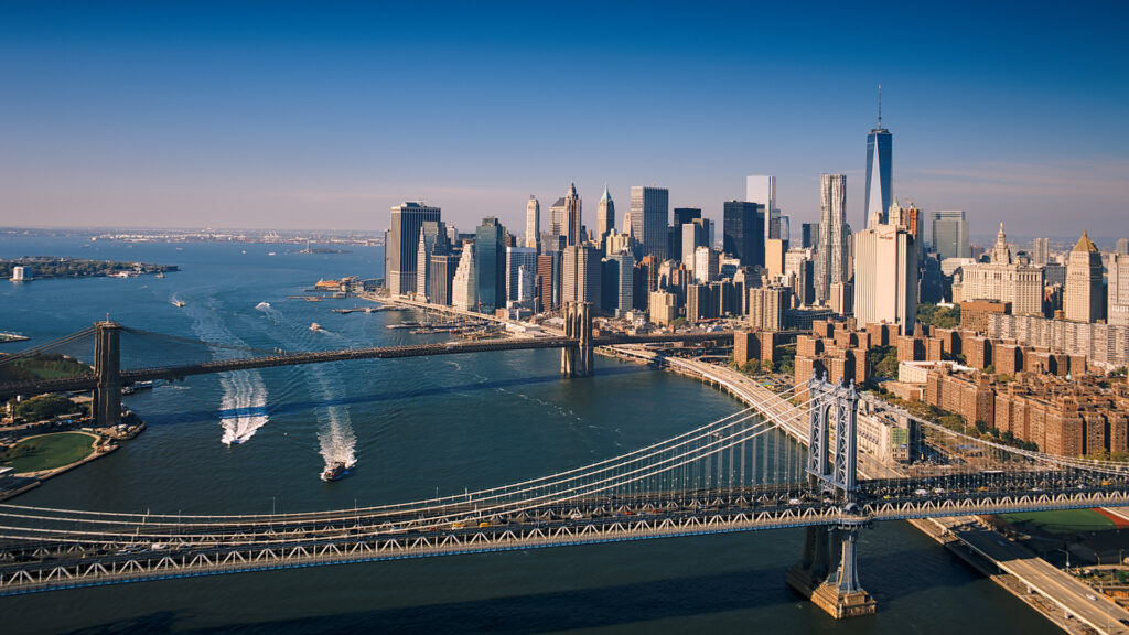 View of New York skyline and Brooklyn bridge
