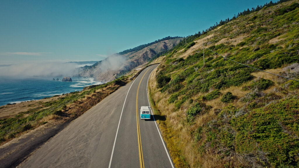 Van traveling up California coastline