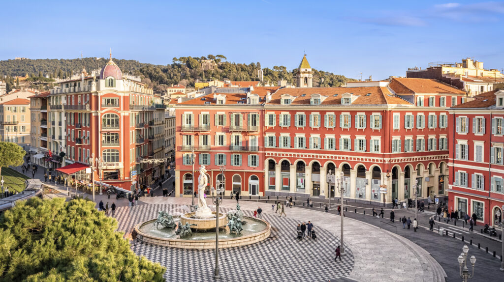 A wide image of a town plaza in Nice, France