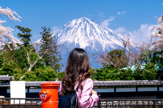 Tourist takes in the view of Mount Fuji in Japan